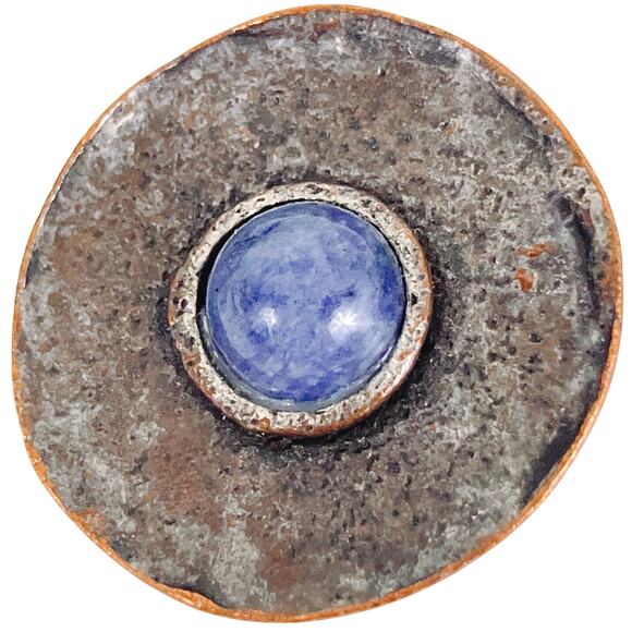 Vintage 70s 80s Modernist Brutalist Textured Copper Blue Quartz Clip On Earrings - Picture 4 of 11